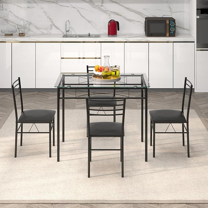 Giantex 5 Piece Dining Table Set, Kitchen Dining Set with Tempered Glass Tabl...