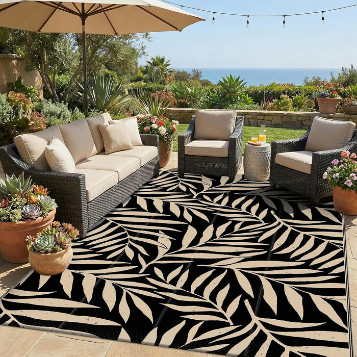 Smiry Outdoor Rug 5x8 ft Waterproof Reversible Leaf Mat, Black & Beige