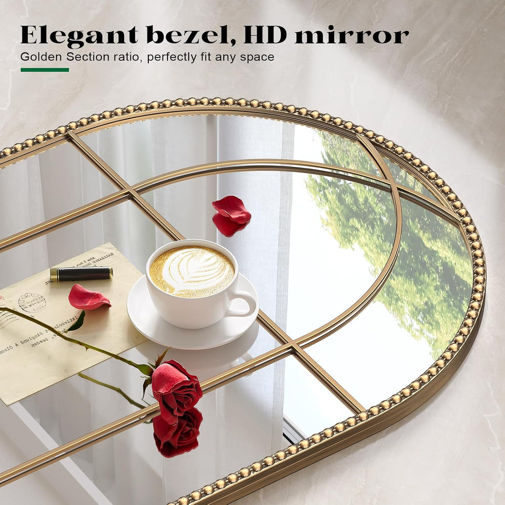 Arched Gold Antique Mirror, 22" x 30" Window Mirror with Beaded Met...