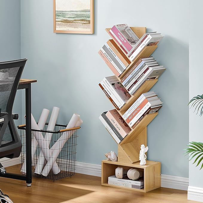 Hoctieon 6 Tier Tree Bookshelf, Tall Bookcase with Drawer, Freestanding Book ...