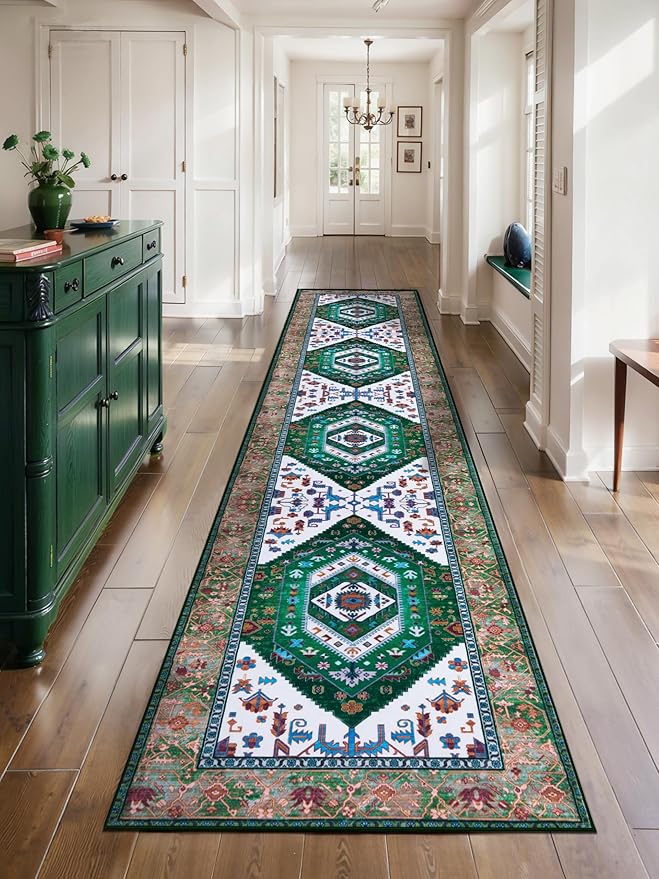 SERISSA Runner Rug for Hallways, Extra Long Boho Rug Ultra Soft Vintage Green
