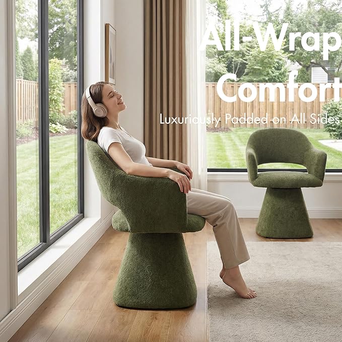 360° Swivel Dining Chair with Arms, Chenille Upholstered Barrel Accent Kitche...