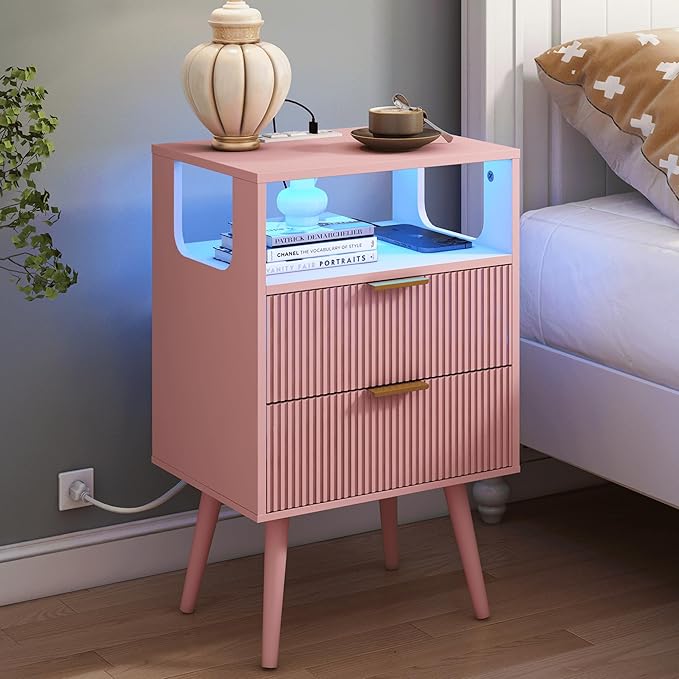 Pink Nightstand with Charging Station and LED Lights,Modern Bedside Table wit...