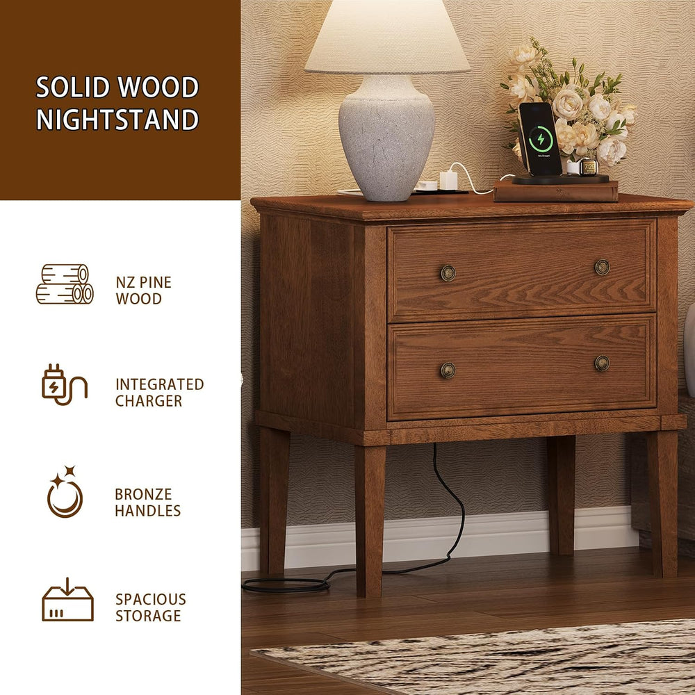 IKENO Solid Wood Nightstand with Charging Station, Farmhouse End Table with 2...