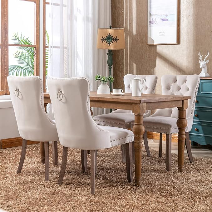 Modern Dining Chairs Set of 6, Tufted Upholstered Dining Chair with Solid Woo...