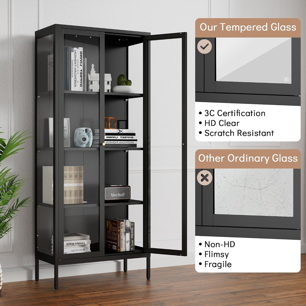 Polup 66" Black Glass Display Cabinet, 3-Side Clear View for Collectibles
