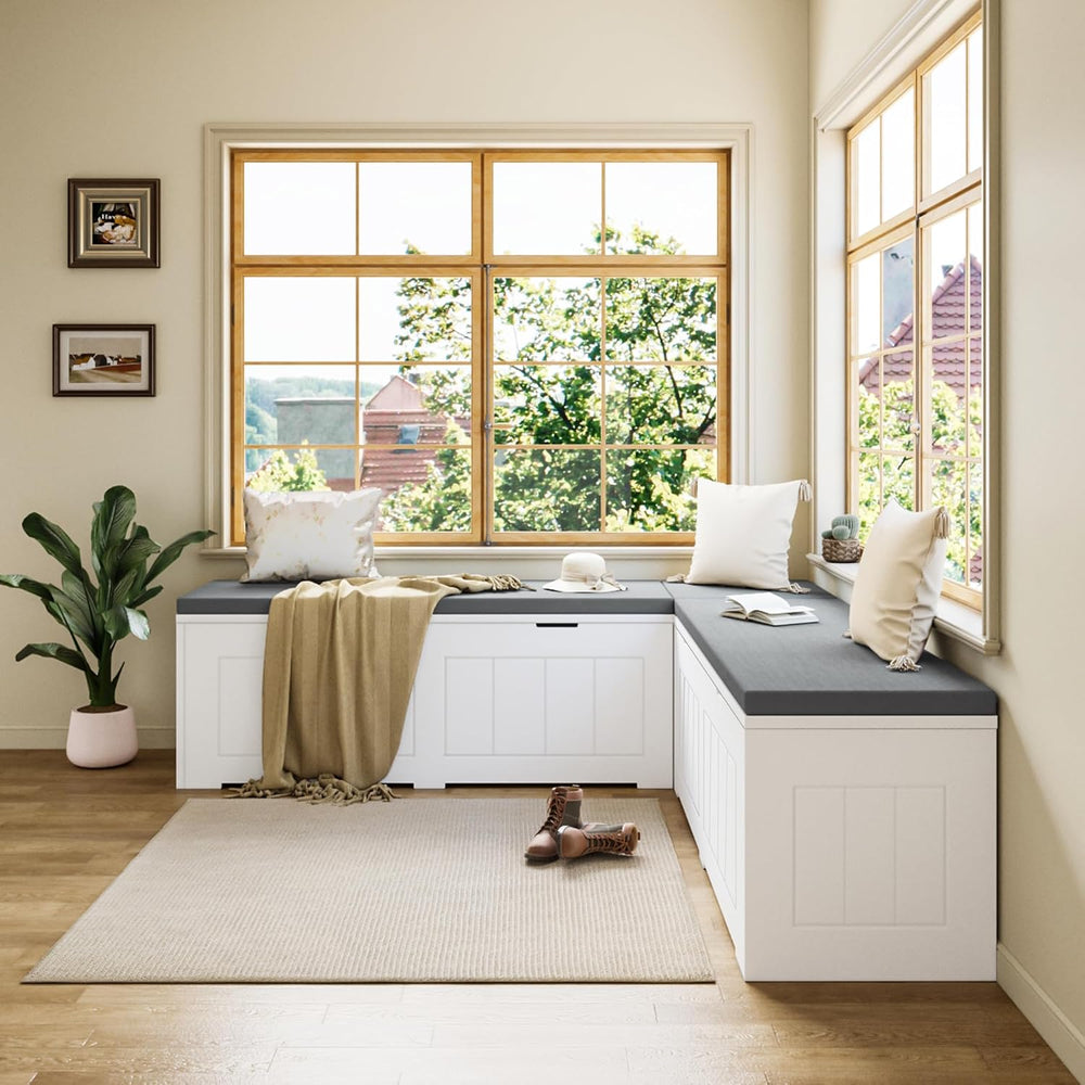 L-Shaped Corner Storage Bench Compartments & Cushioned Seat, Kitchen Brea...