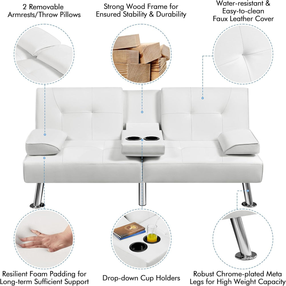 Yaheetech Convertible Futon Sofa Bed Loveseat with Cup Holder, White