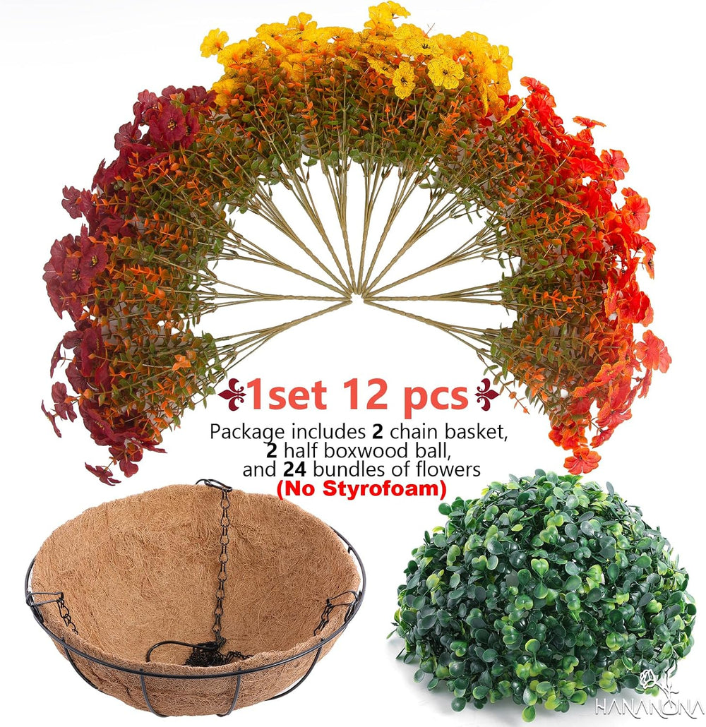 Hananona 2 Set Artificial Outdoor Fall Flowers with Hanging Basket, 2 Packs H...