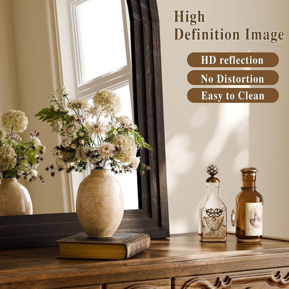 Arched Wall Mirror 24" x 36", Solid Wood Frame Bathroom Mirror, Walnut