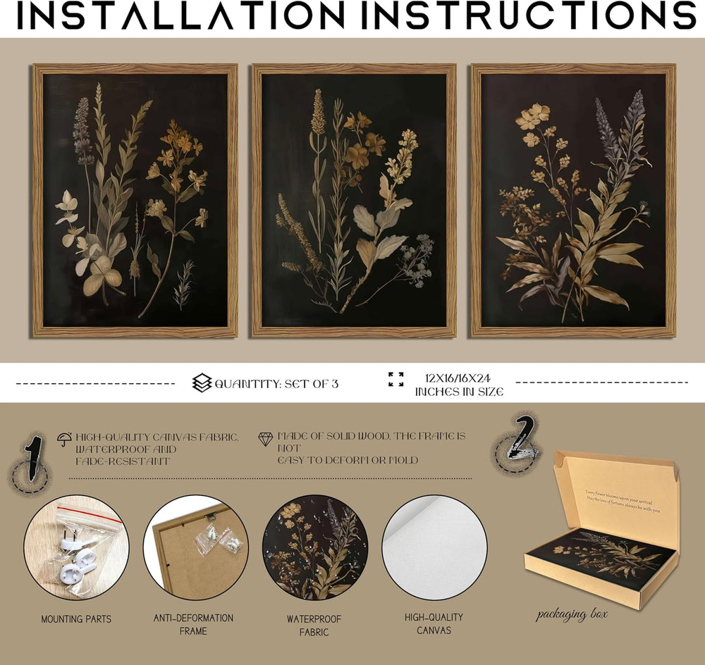 Framed Dark Botanical Wall Art Set of 3, Black Moody Floral Wall Decor Painti...