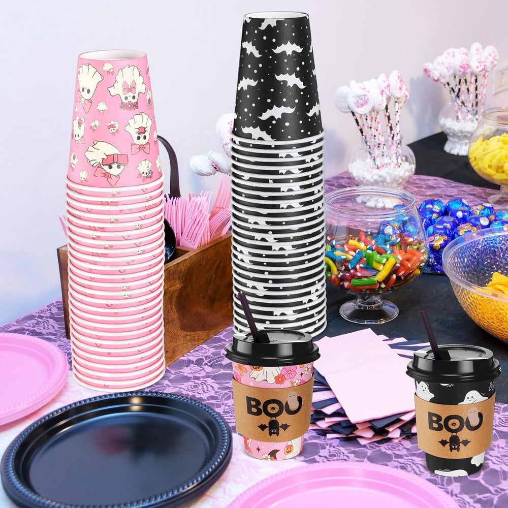 Lallisa 100 Sets 12 oz Halloween Disposable Coffee Cups with Lids and Sleeves...