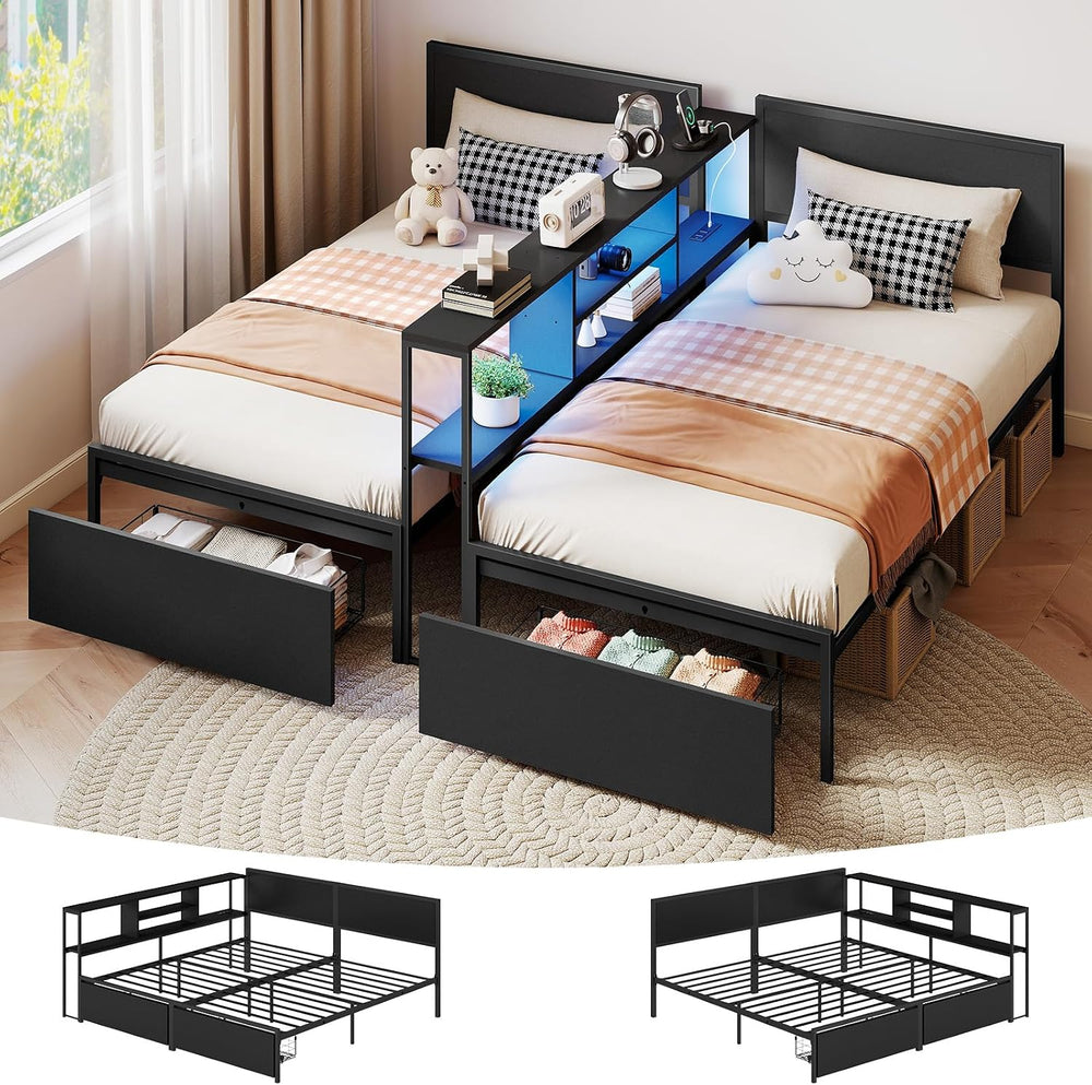 Zevemomo 2 Twin Bed Frames w/Storage Drawers, Wooden Headboard, Bookcase