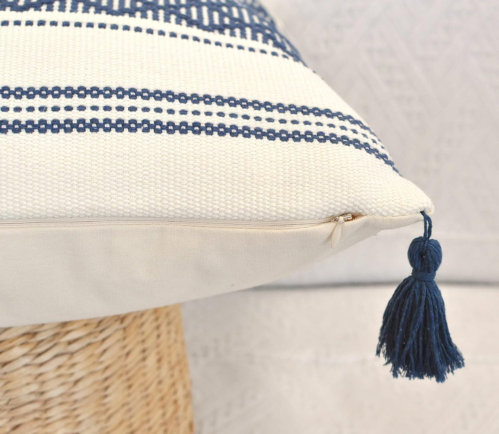 Decorative Boho Lumbar Pillow Covers with Tassels Navy Blue Off White, 12x20 ...