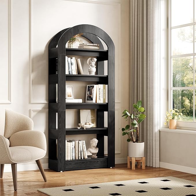 LITTLE TREE 5-Tier Bookshelf, Arch-Shaped Racks, Tall Standing Wooden Bookcas...
