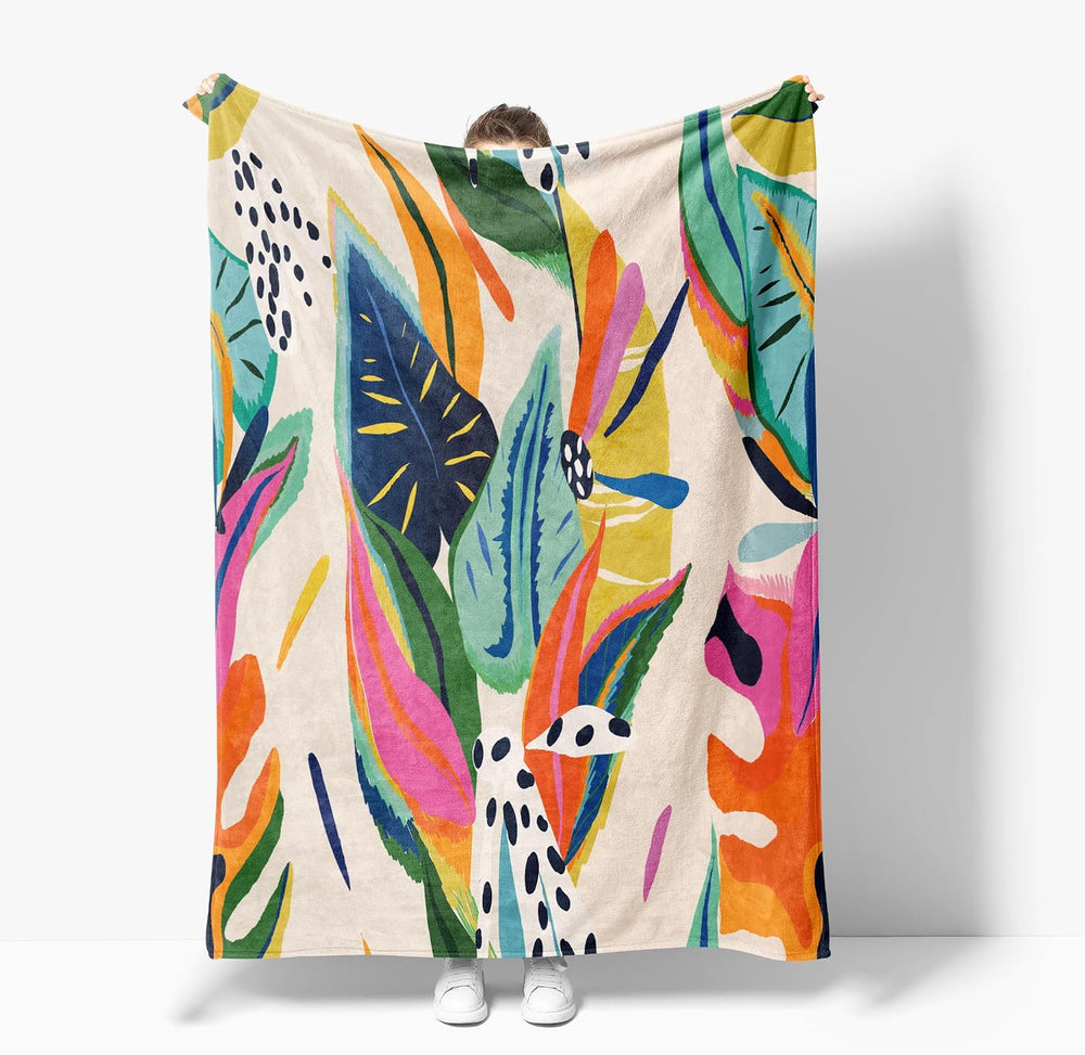 Abstract Colorful Throw Blanket, Jungle Floral Plant Bohemian Modern Asthetic...