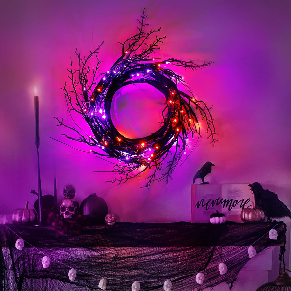 9FT 72 LED Willow Vine Twig Decorations Black Halloween Garland with Orange &...