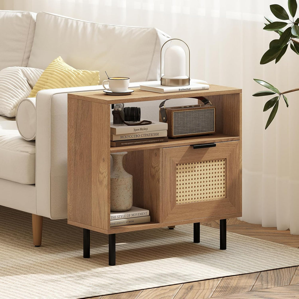 Giantex Rattan End Table with Cabinet, Boho Nightstand with Storage Shelves, ...