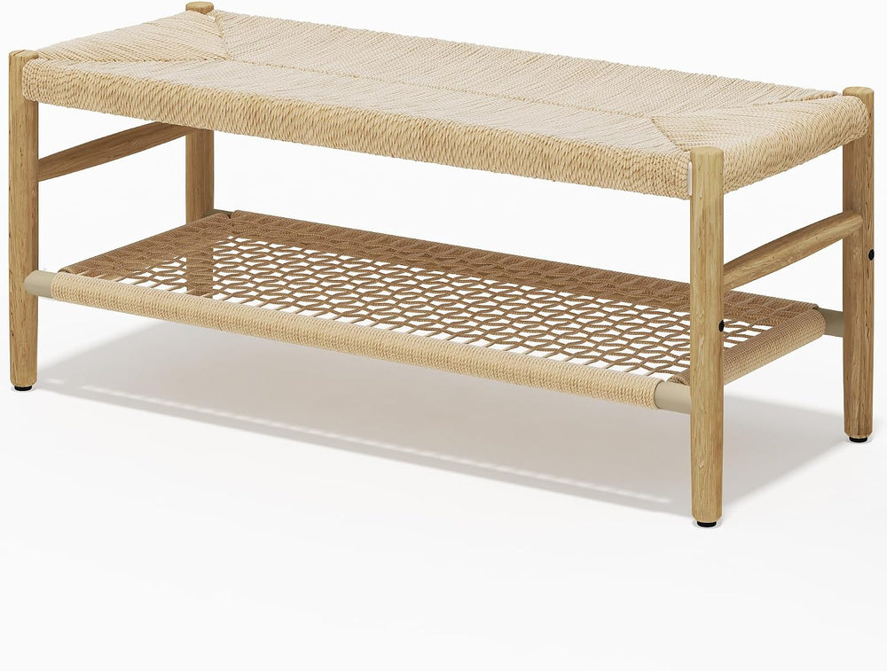 Recaceik Indoor Entryway Bench with Paper Cord Ottoman & Grid Storage Rac...