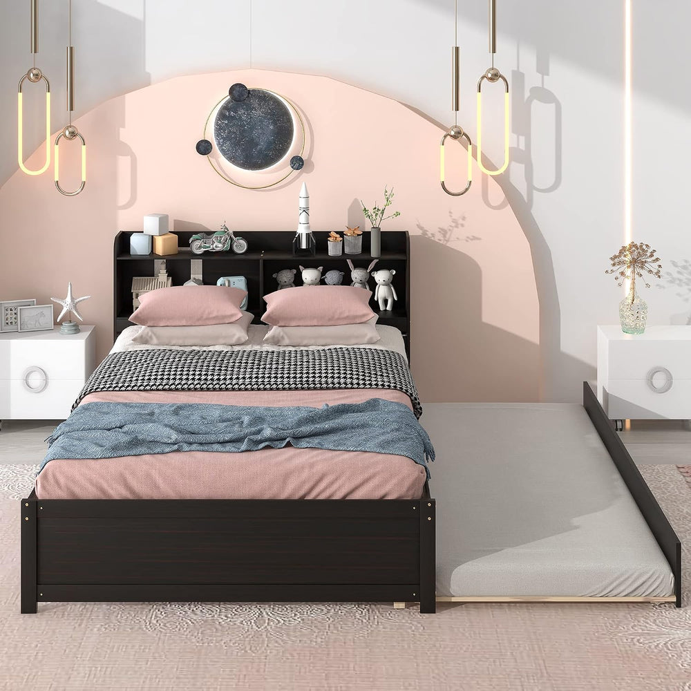 Bellemave Full Size Bed Frame with Trundle Bed and Bookcase, Espresso
