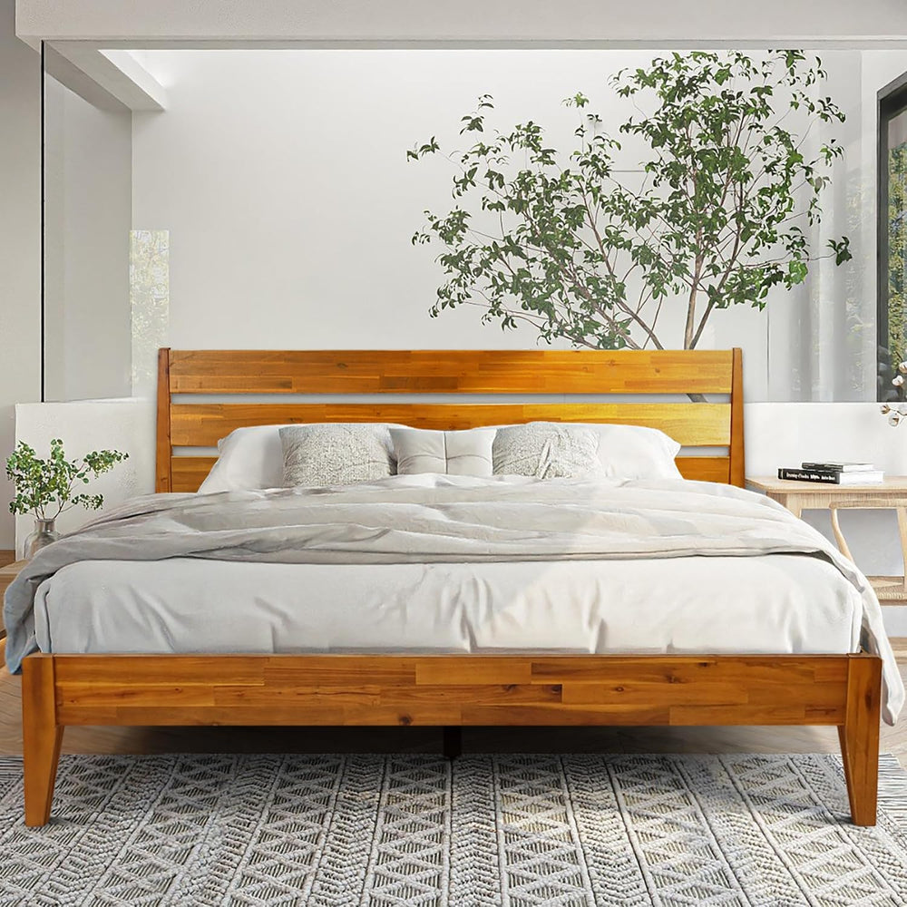 Emery Acacia Solid Wood King Platform Bed, Mid-Century, Caramel