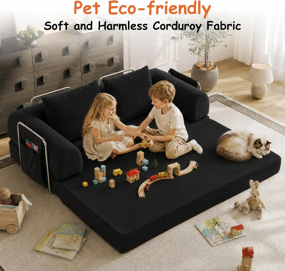 78" Convertible Sofa Bed, Corduroy Pull Out Couch with Fixed Frame &...