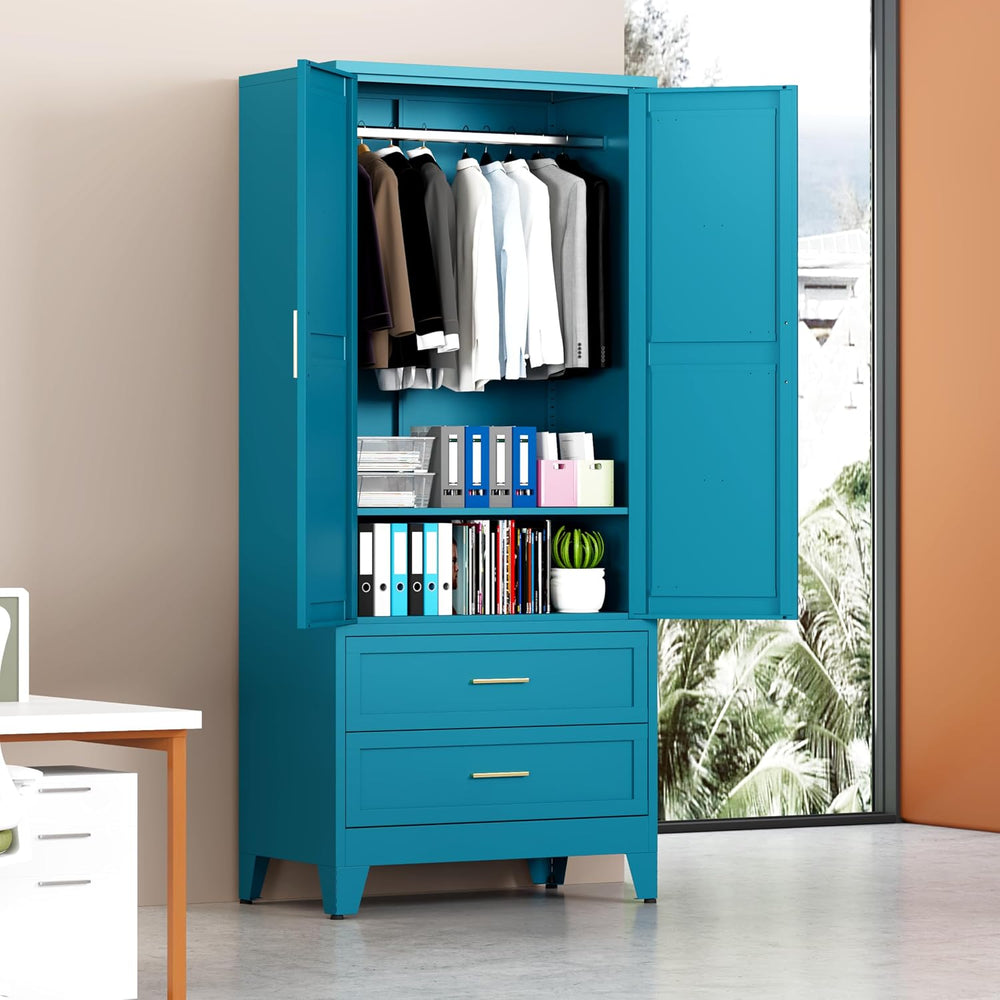 71" Metal Wardrobe Closet Clothing Storage Cabinet with 2 Drawers