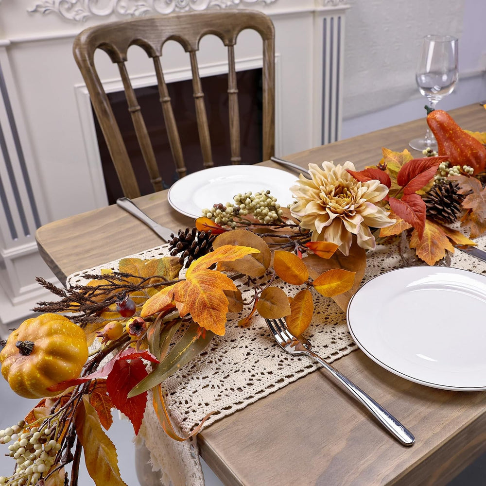 Fall Garland 6Ft Lifelike Autumn Maples Leaf Pumpkin Garland with Berries Pin...