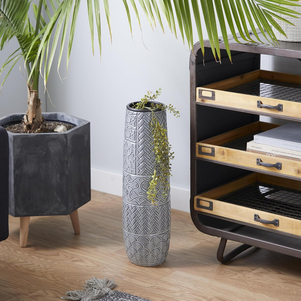 Deco 79 Ceramic Decorative Vase Slim Engraved Patterned Centerpiece Vase, Flo...