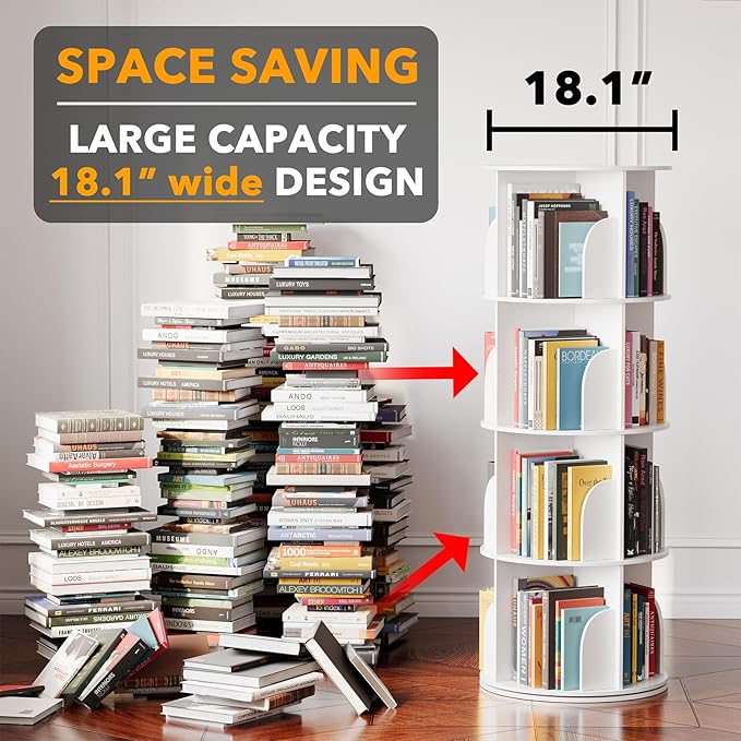 SpaceAid 4 Tier Rotating Bookshelf Tower, Spinning Bookcase Lazy Susan, Revol...