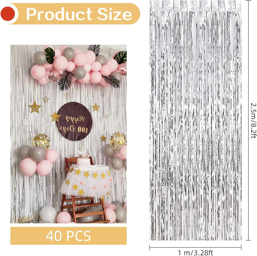 40 Pack Silver Foil Curtain Backdrop Metallic Tinsel Foil Fringe Curtains Pho...