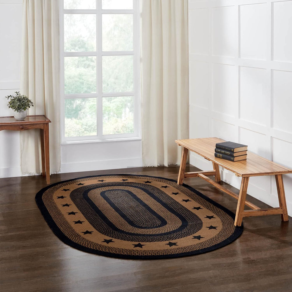 VHC Brands Farmhouse Star, Braided Jute Area Rug, Non-Skid Pad, Oval, Black T...