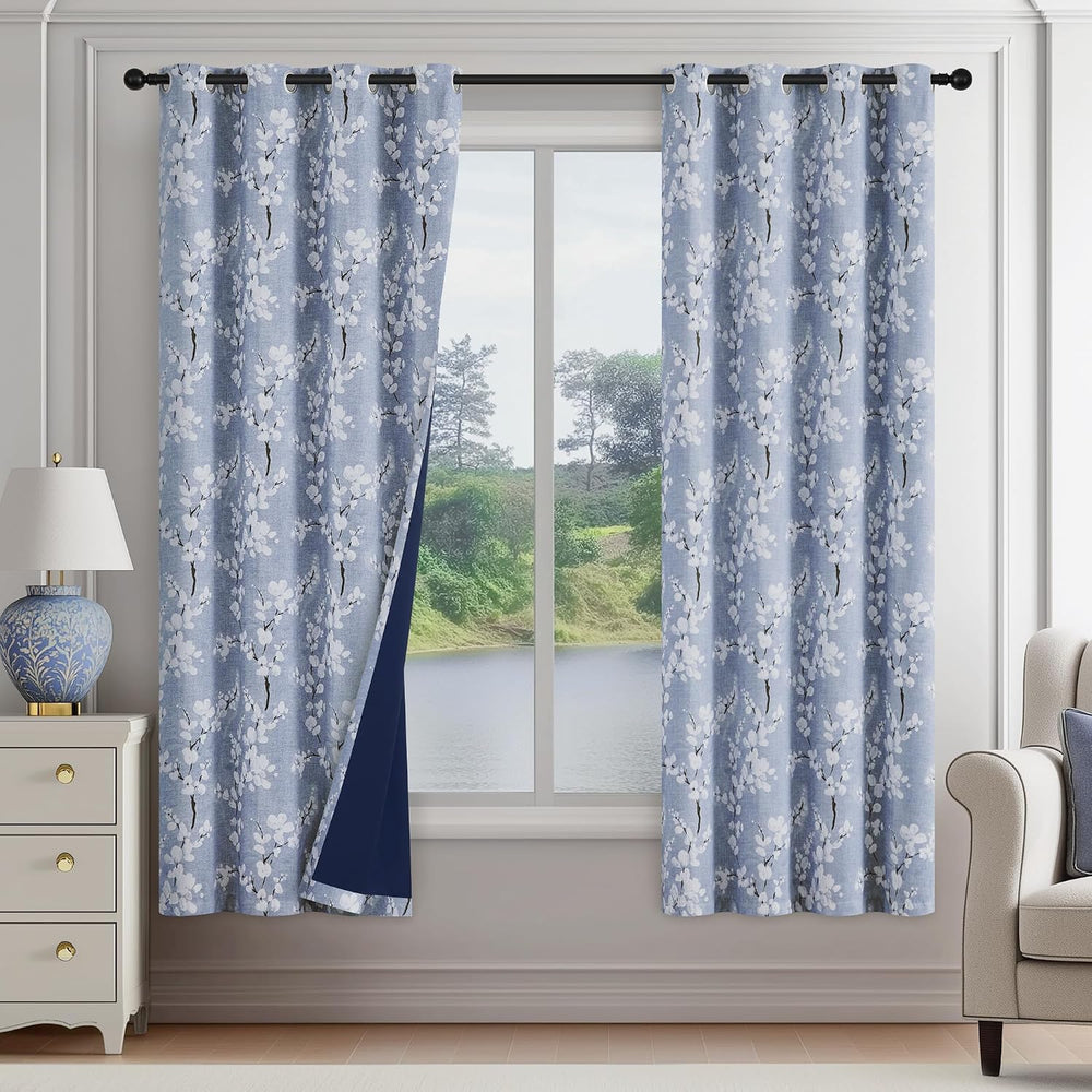 FMFUNCTEX Blue Blackout Floral Curtains for Bedroom, 63 Inches, 2 Panels