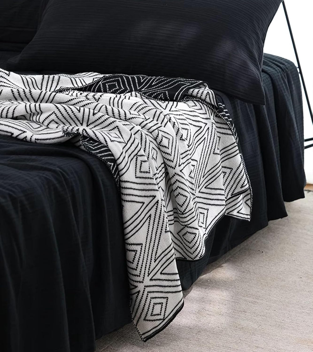 Black and White Throw Blankets Queen Size, Knitted Modern Patterned Throw Bla...
