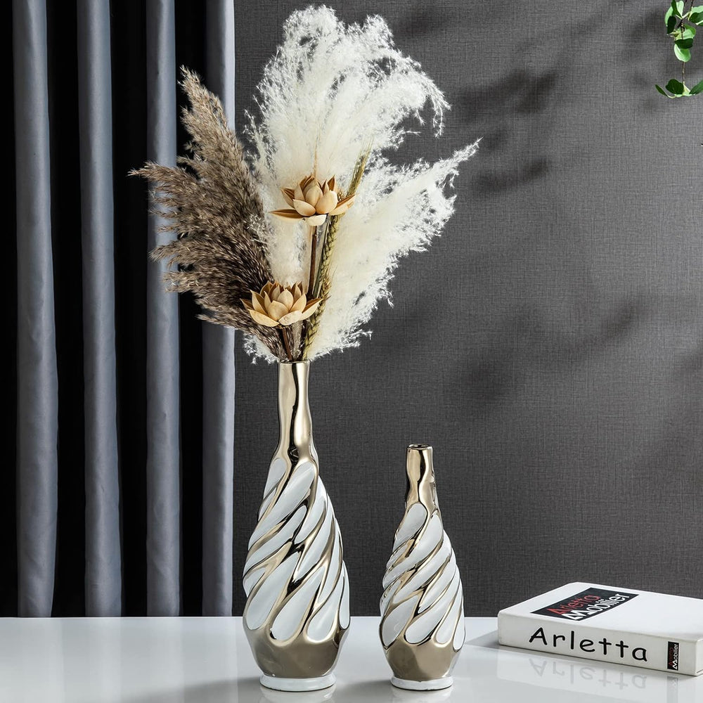 Yundu Ceramic Vase Set of 2, White with Silver, Modern Home Décor, Living Roo...