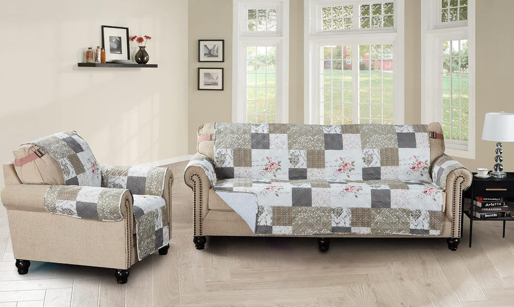 Brilliant Sunshine Pink Rose & Grey Toile Couch Loveseat Slip Cover