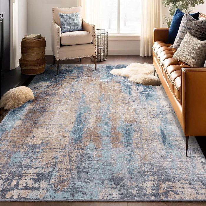 Kelarea Washable Area Rug 5x7, Non-Slip Low Pile Abstract Beige Blue