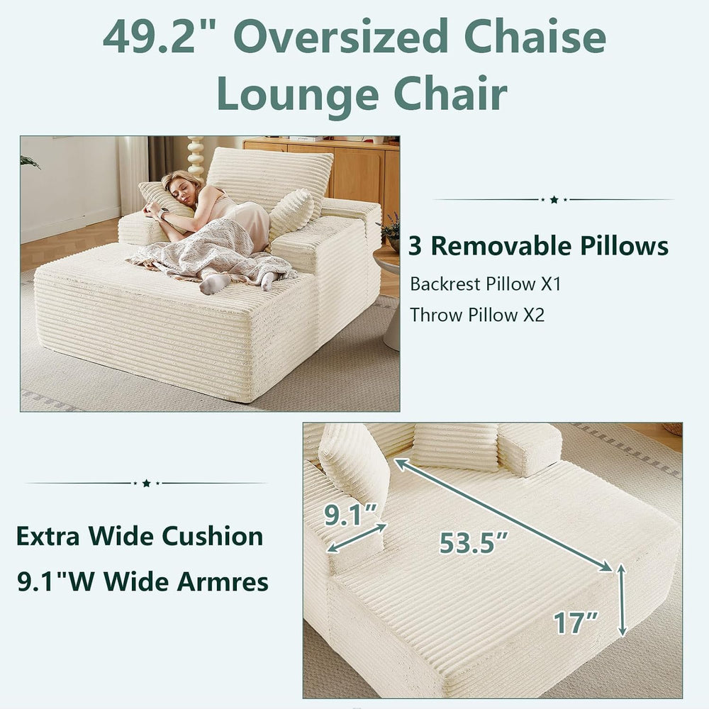 LUCKHAO 50" Oversized Chaise Lounge Chair Indoor,Corduroy Boneless Readi...