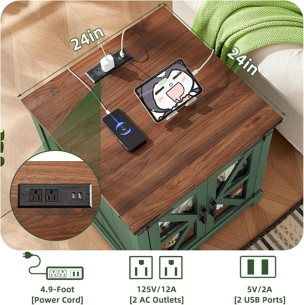 Joaxswe Farmhouse End Table, 24" Large Sofa Side Table with Charging Sta...
