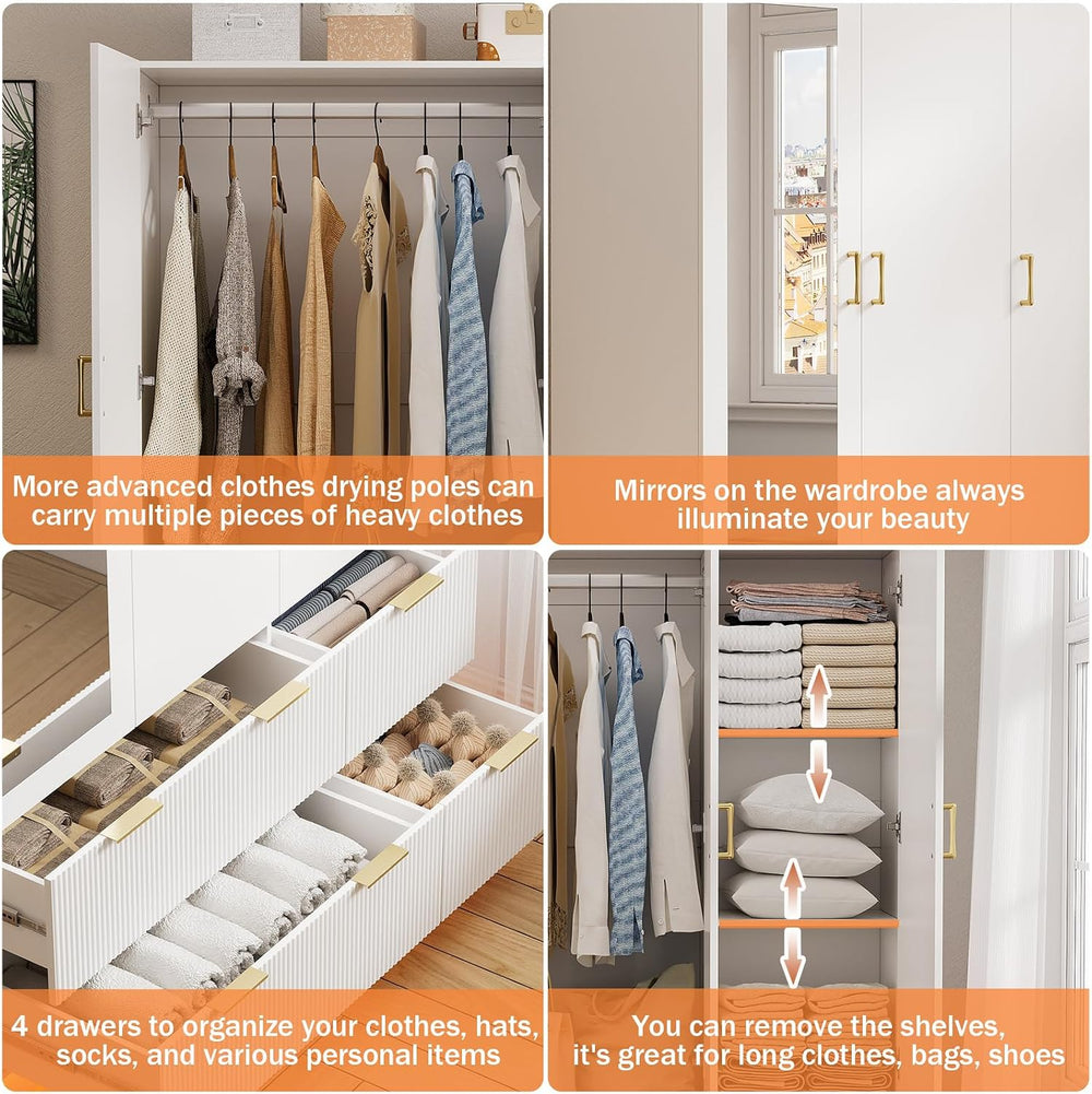 PAKASEPT Armoire Wardrobe Closet with 3 Door, Mirror, LED Lights