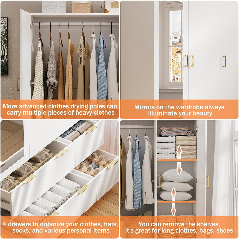PAKASEPT Armoire Wardrobe Closet with 3 Door, Mirror, LED Lights