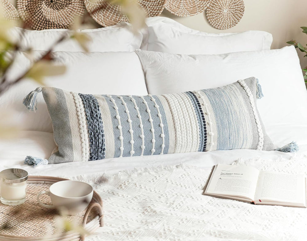 BlissBlush Coastal Blue Decorative Lumbar Pillow Cover 14x36 Boho Long Body P...