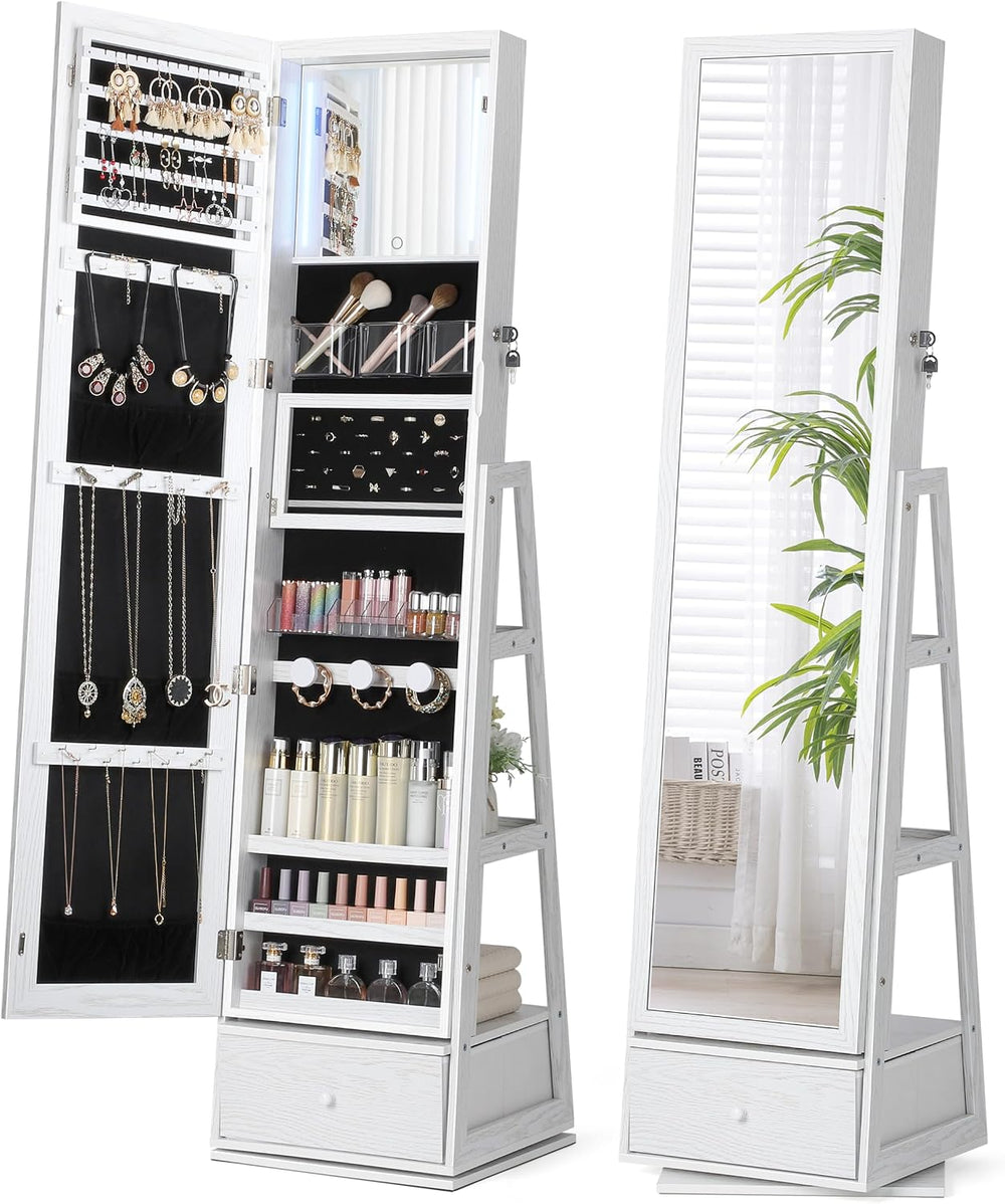 Nicetree 360° Swivel Jewelry Cabinet with Lights, Full Length Mirror, Lock