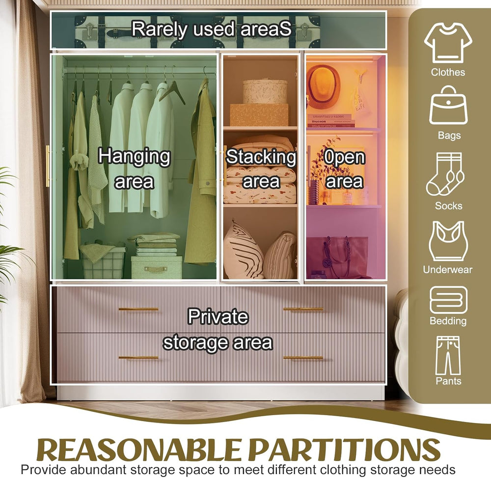 PAKASEPT Armoire Wardrobe Closet with 3 Door, Mirror, LED Lights