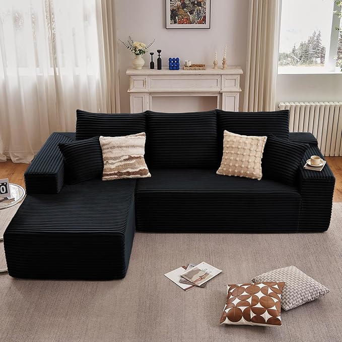 107" Cloud Sectional Couch with L-Shape Chaise, Modern Modular Comfy Sofa with Deep Seat, Upholstered Corduroy Couches Sleeper Chaise Longue for Living Room Bedroom, No Assembly Required, Black