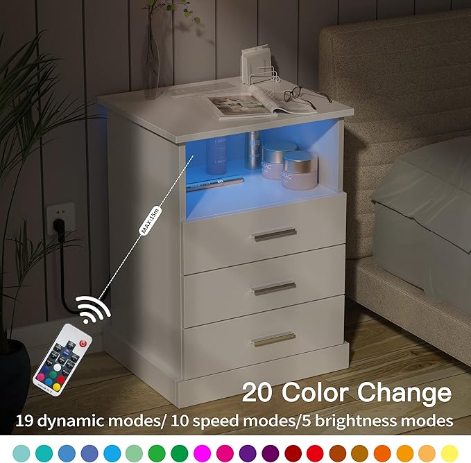 Nightstand with Charging Station, LED Lights Side Table with 3 Drawers, End T...
