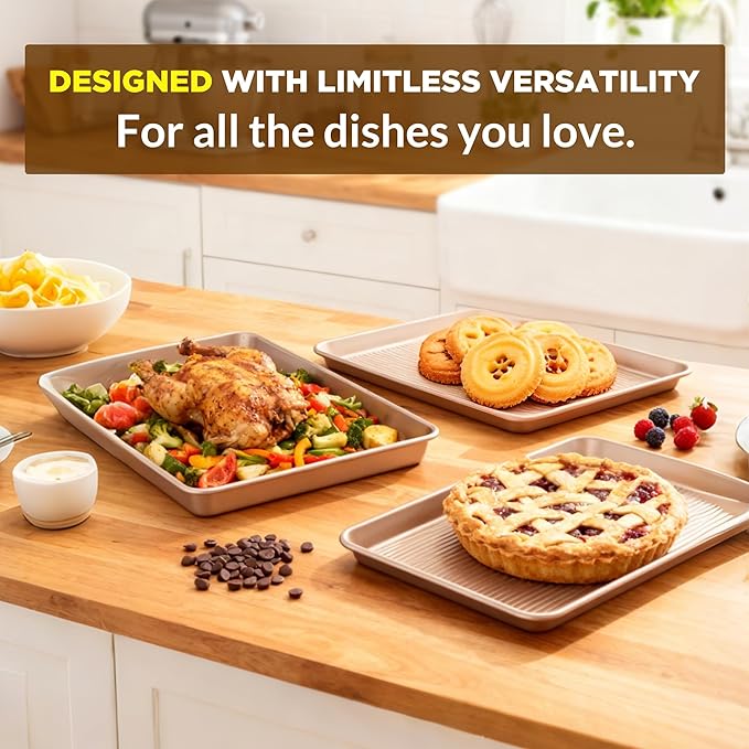 Professional Non-Stick Baking Sheets Set, 3-Piece Heavy Duty Carbon Steel