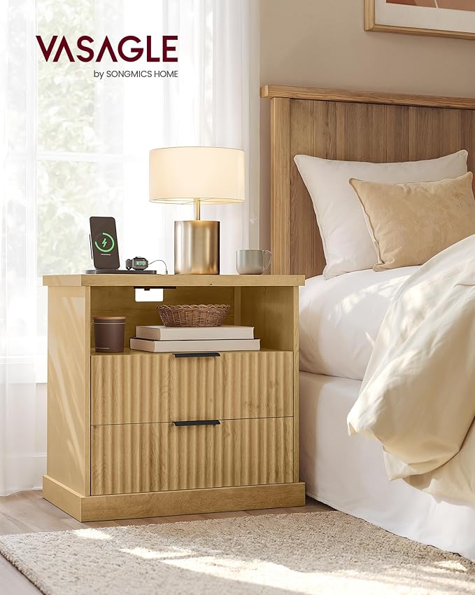 VASAGLE MAXE Collection - Set of 2 Nightstands with Charging Station, Bedside...