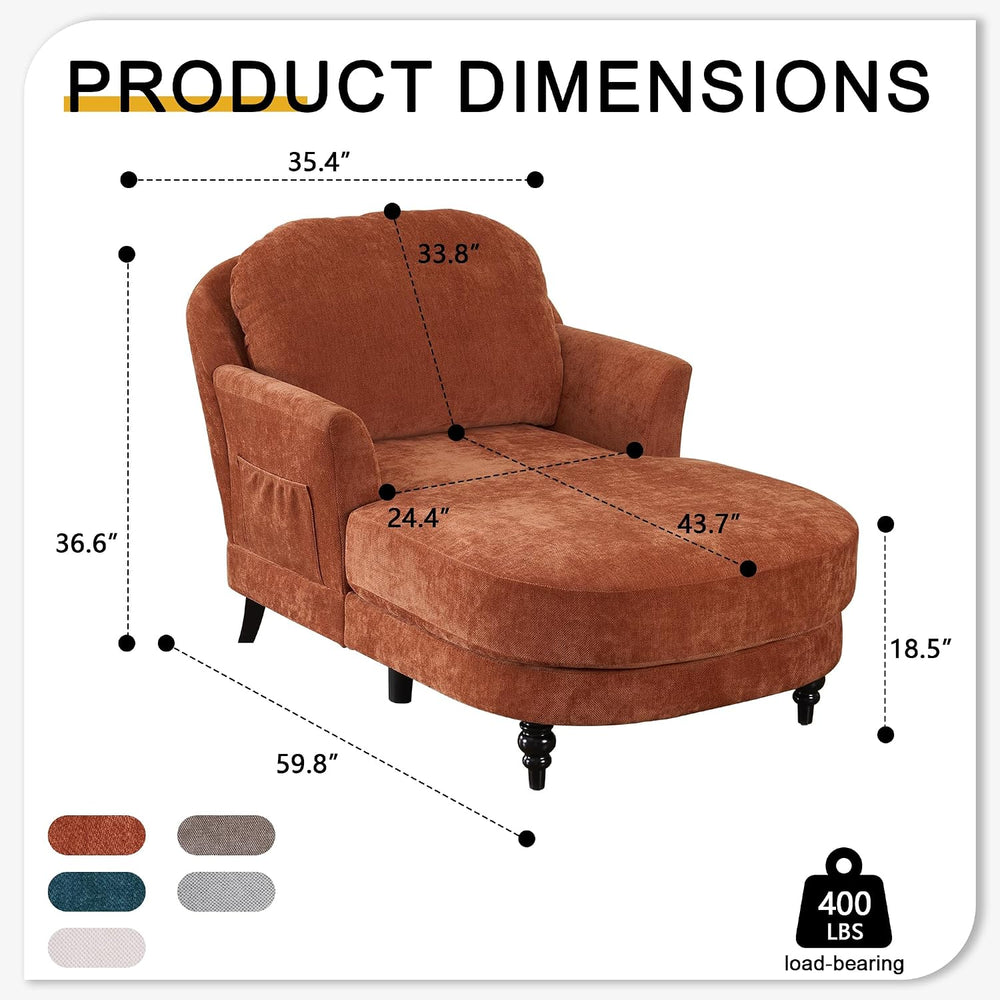 59.8" Chaise Lounge Chair Indoor, Chenille Reading Chairs | Side Pocket,...