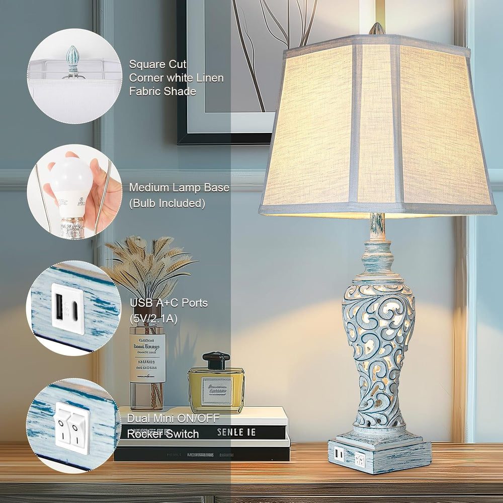 LuxSight Collection Bedside Table Lamps Set of 2 with Night Lights, Vintage